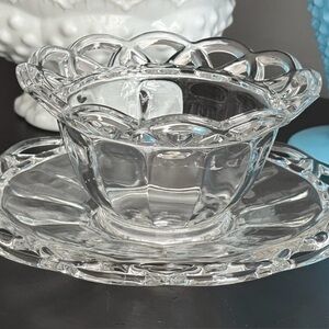 Vintage Clear Glass Bowl with Saucer - Scalloped Edges Lattice Design